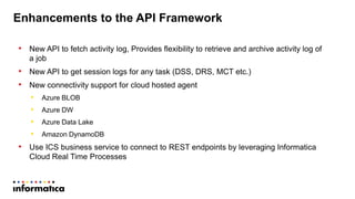 Enhancements to the API Framework
• New API to fetch activity log, Provides flexibility to retrieve and archive activity log of
a job
• New API to get session logs for any task (DSS, DRS, MCT etc.)
• New connectivity support for cloud hosted agent
• Azure BLOB
• Azure DW
• Azure Data Lake
• Amazon DynamoDB
• Use ICS business service to connect to REST endpoints by leveraging Informatica
Cloud Real Time Processes
 