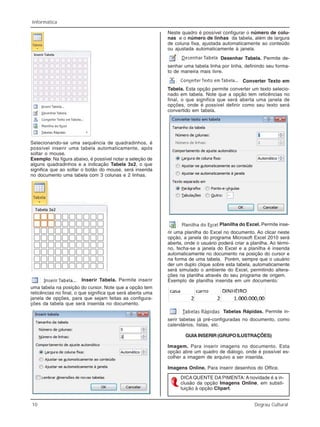 10 Degrau Cultural
Informática
Selecionando-se uma sequência de quadradinhos, é
possível inserir uma tabela automaticamente, após
soltar o mouse.
Exemplo: Na figura abaixo, é possível notar a seleção de
alguns quadradinhos e a indicação Tabela 3x2, o que
significa que ao soltar o botão do mouse, será inserida
no documento uma tabela com 3 colunas e 2 linhas.
Inserir Tabela. Permite inserir
uma tabela na posição do cursor. Note que a opção tem
reticências no final, o que significa que será aberta uma
janela de opções, para que sejam feitas as configura-
ções da tabela que será inserida no documento.
Neste quadro é possível configurar o número de colu-
nas e o número de linhas da tabela, além de largura
de coluna fixa, ajustada automaticamente ao conteúdo
ou ajustada automaticamente à janela.
Desenhar Tabela. Permite de-
senhar uma tabela linha por linha, definindo seu forma-
to de maneira mais livre.
Converter Texto em
Tabela. Esta opção permite converter um texto selecio-
nado em tabela. Note que a opção tem reticências no
final, o que significa que será aberta uma janela de
opções, onde é possível definir como seu texto será
convertido em tabela.
Planilha do Excel. Permite inse-
rir uma planilha do Excel no documento. Ao clicar neste
opção, a janela do programa Microsoft Excel 2010 será
aberta, onde o usuário poderá criar a planilha. Ao térmi-
no, fecha-se a janela do Excel e a planilha é inserida
automaticamente no documento na posição do cursor e
na forma de uma tabela. Porém, sempre que o usuário
der um duplo clique sobre esta tabela, automaticamente
será simulado o ambiente do Excel, permitindo altera-
ções na planilha através do seu programa de origem.
Exemplo de planilha inserida em um documento:
Tabelas Rápidas. Permite in-
serir tabelas já pré-configuradas no documento, como
calendários, listas, etc.
GUIA INSERIR (GRUPO ILUSTRAÇÕES)
Imagem. Para inserir imagens no documento. Esta
opção abre um quadro de diálogo, onde é possível es-
colher a imagem de arquivo a ser inserida.
Imagens Online. Para inserir desenhos do Office.
DICA QUENTE DA PIMENTA: A novidade é a in-
clusão da opção Imagens Online, em substi-
tuição à opção Clipart.
 