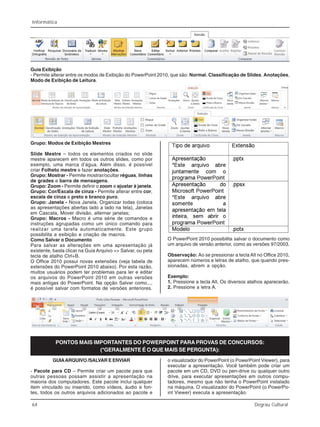64 Degrau Cultural
Informática
Guia Exibição
- Permite alterar entre os modos de Exibição do PowerPoint 2010, que são: Normal, Classificação de Slides, Anotações,
Modo de Exibição de Leitura.
Grupo: Modos de Exibição Mestres
Slide Mestre – todos os elementos criados no slide
mestre aparecem em todos os outros slides, como por
exemplo, uma marca d’água. Além disso, é possível
criar Folheto mestre e fazer anotações.
Grupo: Mostrar - Permite mostrar/ocultar réguas, linhas
de grades e barra de mensagens.
Grupo: Zoom - Permite definir o zoom e ajustar à janela.
Grupo: Cor/Escala de cinza - Permite alterar entre cor,
escala de cinza e preto e branco puro.
Grupo: Janela - Nova Janela, Organizar todas (coloca
as apresentações abertas lado a lado na tela), Janelas
em Cascata, Mover divisão, alternar janelas;
Grupo: Macros - Macro é uma série de comandos e
instruções agrupadas como um único comando para
realizar uma tarefa automaticamente. Este grupo
possibilita a exibição e criação de macros.
Como Salvar o Documento
Para salvar as alterações em uma apresentação já
existente, basta clicar na Guia Arquivo >> Salvar, ou pela
tecla de atalho Ctrl+B.
O Office 2010 possui novas extensões (veja tabela de
extensões do PowerPoint 2010 abaixo). Por esta razão,
muitos usuários podem ter problemas para ler e editar
os arquivos do PowerPoint 2010 em outras versões
mais antigas do PowerPoint. Na opção Salvar como...,
é possível salvar com formatos de versões anteriores.
O PowerPoint 2010 possibilita salvar o documento como
um arquivo de versão anterior, como as versões 97/2003.
Observação: Ao se pressionar a tecla Alt no Office 2010,
aparecem números e letras de atalho, que quando pres-
sionadas, abrem a opção.
Exemplo:
1. Pressione a tecla Alt. Os diversos atalhos aparecerão.
2. Pressione a letra A.
PONTOS MAIS IMPORTANTES DO POWERPOINT PARA PROVAS DE CONCURSOS:
(*GERALMENTE É O QUE MAIS SE PERGUNTA):
GUIAARQUIVO /SALVAR E ENVIAR
- Pacote para CD – Permite criar um pacote para que
outras pessoas possam assistir a apresentação na
maioria dos computadores. Este pacote inclui qualquer
item vinculado ou inserido, como vídeos, áudio e fon-
tes, todos os outros arquivos adicionados ao pacote e
o visualizador do PowerPoint (o PowerPoint Viewer), para
executar a apresentação. Você também pode criar um
pacote em um CD, DVD ou pen-drive ou qualquer outro
drive, para executar apresentações em outros compu-
tadores, mesmo que não tenha o PowerPoint instalado
na máquina. O visualizador do PowerPoint (o PowerPo-
int Viewer) executa a apresentação.
 