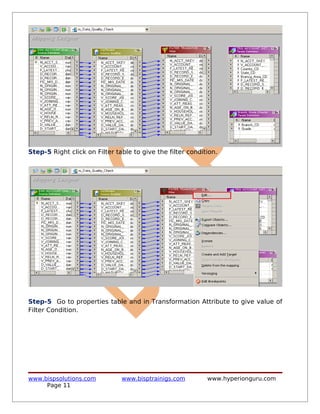 Step-5 Right click on Filter table to give the filter condition.




Step-5 Go to properties table and in Transformation Attribute to give value of
Filter Condition.




www.bispsolutions.com          www.bisptrainigs.com         www.hyperionguru.com
     Page 11
 