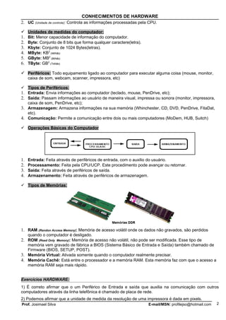 CONHECIMENTOS DE HARDWARE
2. UC (Unidade de controle): Controla as informações processadas pela CPU.

    Unidades de medidas do computador:
1.   Bit: Menor capacidade de informação do computador.
2.   Byte: Conjunto de 8 bits que forma qualquer caractere(letra).
3.   Kbyte: Conjunto de 1024 Bytes(letras).
4.   MByte: KB2 (Milhão)
5.   GByte: MB2 (Bilhão)
6.   TByte: GB2 (Trilhão)

 Periféricos: Todo equipamento ligado ao computador para executar alguma coisa (mouse, monitor,
     caixa de som, webcam, scanner, impressora, etc)

 Tipos de Periféricos:
1. Entrada: Envia informações ao computador (teclado, mouse, PenDrive, etc);
2. Saída: Passam informações ao usuário de maneira visual, impressa ou sonora (monitor, impressora,
   caixa de som, PenDrive, etc);
3. Armazenagem: Armazena informações na sua memória (Whinchester, CD, DVD, PenDrive, FitaDat,
   etc).
4. Comunicação: Permite a comunicação entre dois ou mais computadores (MoDem, HUB, Suitch)

 Operações Básicas do Computador




1.   Entrada: Feita através de periféricos de entrada, com o auxilio do usuário.
2.   Processamento: Feita pela CPU/UCP. Este procedimento pode avançar ou retornar.
3.   Saída: Feita através de periféricos de saída.
4.   Armazenamento: Feita através de periféricos de armazenagem.

 Tipos de Memórias:




1. RAM (Randon Access Memory): Memória de acesso volátil onde os dados não gravados, são perdidos
   quando o computador é desligado.
2. ROM (Read OnlyMemory): Memória de acesso não volátil, não pode ser modificada. Esse tipo de
   memória vem gravado de fábrica a BIOS (Sistema Básico de Entrada e Saída) também chamado de
   Firmware (BIOS, SETUP, POST).
3. Memória Virtual: Ativada somente quando o computador realmente precisar.
4. Memória Cachê: Está entre o processador e a memória RAM. Esta memória faz com que o acesso a
   memória RAM seja mais rápido.


Exercícios HARDWARE:
1) É correto afirmar que o um Periférico de Entrada e saída que auxilia na comunicação com outros
computadores através da linha telefônica é chamado de placa de rede.
2) Podemos afirmar que a unidade de medida da resolução de uma impressora é dada em pixels.
Prof. Josimael Silva                                                 E-mail/MSN: profilejso@hotmail.com   2
 
