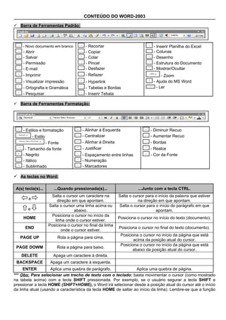 CONTEÚDO DO WORD-2003

 Barra de Ferramentas Padrão:



     - Novo documento em branco            - Recortar                             - Inserir Planilha do Excel
     - Abrir                               - Copiar                               - Colunas
     - Salvar                              - Colar                                - Desenho
     - Permissão                           - Pincel                               - Estrutura do Documento
     - E-mail                              - Desfazer                             - Mostrar/Ocultar
     - Imprimir                            - Refazer                                   - Zoom
     - Visualizar impressão                - Hyperlink                            - Ajuda do MS Word
     - Ortografia e Gramática              - Tabelas e Bordas                       - Ler
     - Pesquisar                           - Inserir Tebala

 Barra de Ferramentas Formatação:




     - Estilos e formatação              - Alinhar à Esquerda                   - Diminuir Recuo
            - Estilo                     - Centralizar                          - Aumentar Recuo
                 - Fonte                 - Alinhar à Direita                    - Bordas
      - Tamanho da fonte                 - Justificar                           - Realce
     - Negrito                           - Espaçamento entre linhas             - Cor da Fonte
     - Itálico                           - Numeração
     - Sublinhado                        - Marcadores

 As teclas no Word:

 A(s) tecla(s)...         ...Quando pressionada(s)...                     ...Junto com a tecla CTRL.
                        Salta o cursor um caractere na         Salta o cursor para o início da palavra que estiver
        e                   direção em que apontam.                       na direção em que apontam.
                       Salta o cursor uma linha acima ou       Salta o cursor para o início do parágrafo em que
        e                            abaixo.                                       apontam.
                         Posiciona o cursor no início da
     HOME                                                      Posiciona o cursor no início do texto (documento).
                          linha onde o cursor estiver.
                       Posiciona o cursor no final da linha
      END                                                      Posiciona o cursor no final do texto (documento).
                              onde o cursor estiver.
                                                                Posiciona o cursor no início da página que está
   PAGE UP                  Rola a página para cima.
                                                                       acima da posição atual do cursor.
                                                                Posiciona o cursor no início da página que está
 PAGE DOWM                 Rola a página para baixo.
                                                                      abaixo da posição atual do cursor.
    DELETE               Apaga um caractere à direita.
 BACKSPACE              Apaga um caractere à esquerda.
     ENTER          Aplica uma quebra de parágrafo.              Aplica uma quebra de página.
*** Obs: Para selecionar um trecho de texto com o teclado: basta movimentar o cursor (como mostrado
na tabela acima) com a tecla SHIFT pressionada. Por exemplo, se o usuário segurar a tecla SHIFT e
pressionar a tecla HOME (SHIFT+HOME), o Word irá selecionar desde a posição atual do cursor até o início
da linha atual (usando a característica da tecla HOME de saltar ao início da linha). Lembre-se que a função
 
