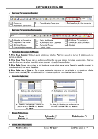 CONTEÚDO DO EXCEL-2003


 Barra de Ferramentas Padrão:




    - Autosoma                      - Classificação Crescente             - Classificação Decrescente
    - Assistente de Gráfico

 Barra de Ferramentas Formatação:




    - Mesclar e Centralizar         - Estilo de Moeda                     - Estilo de Porcentagem
    - Separador de Milhar           - Aumentar Casas Decimais             - Diminuir Casas Decimais
    - Diminuir Recuo                - Aumentar Recuo                      - Bordas
    - Cor do Preenchimento          - Cor da Fonte

 Formatos do cursor do Mouse:
1. Uma Cruz Grossa: Utilizado para selecionar células. Aparece quando o cursor é posicionado no
centro da célula.
2. Uma Cruz Fina: Serve para o autopreenchimento ou para copiar fórmulas seqüenciais. Aparece
quando clicamos na célula e posicionamos o cursor no canto inferior direito.
3. Uma Seta: Serve para mover o conteúdo de uma célula para outra. Aparece quando o cursor é
posicionado sobre a borda da célula.
4. Uma Seta com o Sinal +: Serve para seqüenciar números ou para copiar o conteúdo da célula.
Pressionada a tecla CTRL e posicionando o cursor em qualquer uma das bordas da célula.

 Tipos De Seleções:




          1 - Seleção da coluna inteira.             2 - Seleção de uma linha inteira.




        4 - Seleção de intervalo constante.        5 - Seleção de intervalos alternados.
         Usa-se a tecla SHIFT e o Mouse              Usa-se a tecla CTRL e o Mouse.
                    ou Setas.

 Sinais Aritméticos:
          Soma: (+)                           Subtração: (-)                  Multiplicação: (*)
          Divisão: (/)                        Potência: (^)


 Sinais de Comparação:
       Maior do Que: >                     Menor do Que: <                   Maior ou Igual a: >=
 