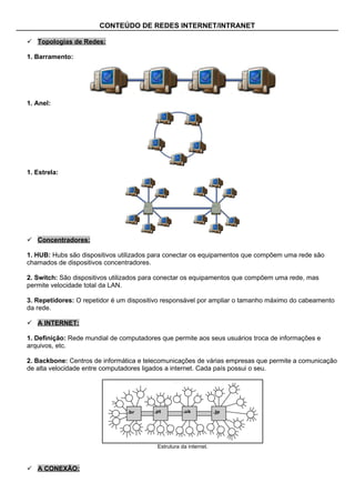 CONTEÚDO DE REDES INTERNET/INTRANET

 Topologias de Redes:

1. Barramento:




1. Anel:




1. Estrela:




 Concentradores:

1. HUB: Hubs são dispositivos utilizados para conectar os equipamentos que compõem uma rede são
chamados de dispositivos concentradores.

2. Switch: São dispositivos utilizados para conectar os equipamentos que compõem uma rede, mas
permite velocidade total da LAN.

3. Repetidores: O repetidor é um dispositivo responsável por ampliar o tamanho máximo do cabeamento
da rede.

 A INTERNET:

1. Definição: Rede mundial de computadores que permite aos seus usuários troca de informações e
arquivos, etc.

2. Backbone: Centros de informática e telecomunicações de várias empresas que permite a comunicação
de alta velocidade entre computadores ligados a internet. Cada país possui o seu.




                                          Estrutura da internet.



 A CONEXÃO:
 