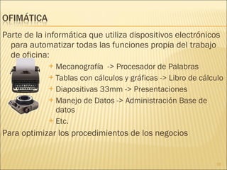 Parte de la informática que utiliza dispositivos electrónicos para automatizar todas las funciones propia del trabajo de oficina:  Mecanografía  -> Procesador de Palabras Tablas con cálculos y gráficas -> Libro de cálculo Diapositivas 33mm -> Presentaciones Manejo de Datos -> Administración Base de datos Etc. Para optimizar los procedimientos de los negocios 
