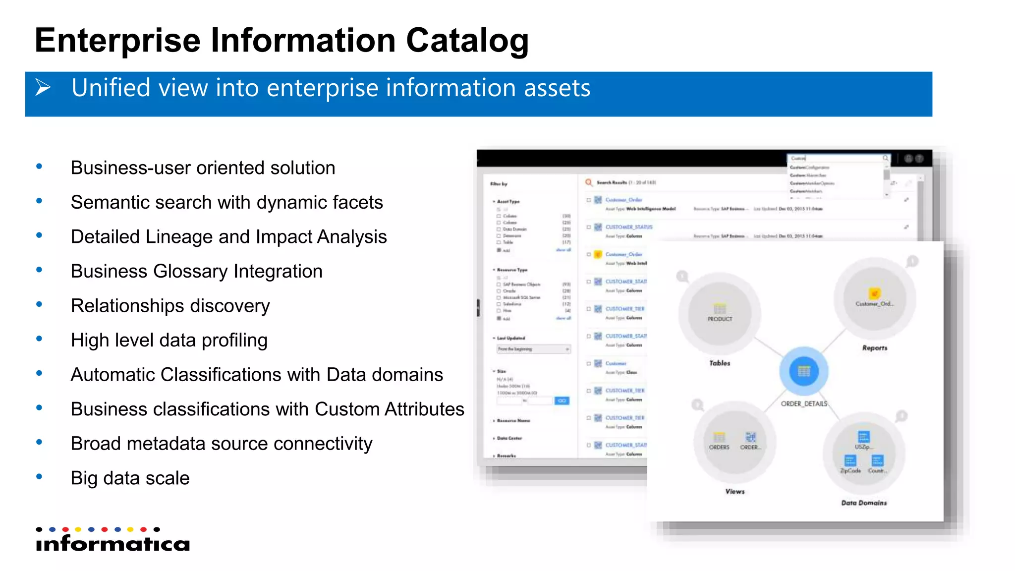  Unified view into enterprise information assets
• Business-user oriented solution
• Semantic search with dynamic facets
• Detailed Lineage and Impact Analysis
• Business Glossary Integration
• Relationships discovery
• High level data profiling
• Automatic Classifications with Data domains
• Business classifications with Custom Attributes
• Broad metadata source connectivity
• Big data scale
Enterprise Information Catalog
 