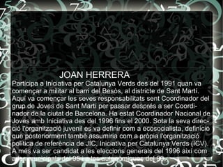 Participa a Iniciativa per Catalunya Verds des del 1991 quan va començar a militar al barri del Besòs, al districte de Sant Martí. Aquí va començar les seves responsabilitats sent Coordinador del grup de Joves de Sant Martí per passar després a ser Coordinador de la ciutat de Barcelona. Ha estat Coordinador Nacional de Joves amb Iniciativa des del 1996 fins el 2000. Sota la seva direcció l'organització juvenil es va definir com a ecosocialista, definició que posteriorment també assumiria com a pròpia l'organització política de referència de JIC, Iniciativa per Catalunya Verds (ICV). A més va ser candidat a les eleccions generals del 1996 així com a les municipals del 95 i a les autonòmiques del 99. . JOAN HERRERA 