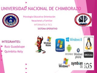 UNIVERSIDAD NACIONAL DE CHIMBORAZO


Psicología Educativa Orientación
Vocacional y Familiar
INFORMATICA TICS
SISTEMA OPERATIVO
INTEGRANTES:
 Ruiz Guadalupe
 Quimbita Kely




 