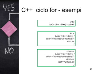C++ ciclo for - esempi
21
int i;
for(i=1;i<=10;i++) cout<<i;
int x;
for(int i=0;i<10;i++) {
cout<<"inserisci un numero:";
cin>>x;
}
char ch;
for(int i=0;i<10;i++) {
cout<<"inserisci una lettera:";
cin>>ch;
if(ch=='Z') break;
}
 