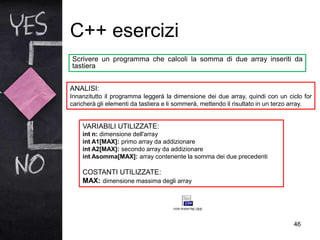 C++ esercizi
46
Scrivere un programma che calcoli la somma di due array inseriti da
tastiera
VARIABILI UTILIZZATE:
int n: dimensione dell'array
int A1[MAX]: primo array da addizionare
int A2[MAX]: secondo array da addizionare
int Asomma[MAX]: array contenente la somma dei due precedenti
COSTANTI UTILIZZATE:
MAX: dimensione massima degli array
ANALISI:
Innanzitutto il programma leggerà la dimensione dei due array, quindi con un ciclo for
caricherà gli elementi da tastiera e li sommerà, mettendo il risultato in un terzo array.
 