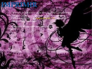 El botón de office sirve para abrir, guardar o imprimir y
ver todo lo que se puede hacer con el documento .
Selecciona el comando imprimir (ctrl + P) y aparecen
las siguientes opciones:

Imprimir: te aparecerá este recuadro
 