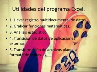 Utilidades del programa Excel.
• 1. Llevar registro multidocumental de datos.
• 2. Graficar funciones matemáticas.
• 3. Análisis estadístico.
• 4. Transición de datos de aplicaciones
externas.
• 5. Transformación de archivos planos a
formato de celdas.
 
