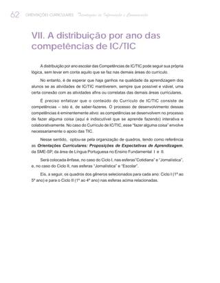 62   ORIENTAÇÕES CURRICULARES    Tecnologias de Informação e Comunicação



       VII. A distribuição por ano das
       competências de IC/TIC

            A distribuição por ano escolar das Competências de IC/TIC pode seguir sua própria
       lógica, sem levar em conta aquilo que se faz nas demais áreas do currículo.

            No entanto, é de esperar que haja ganhos na qualidade da aprendizagem dos
       alunos se as atividades de IC/TIC mantiverem, sempre que possível e viável, uma
       certa conexão com as atividades afins ou correlatas das demais áreas curriculares.

           É preciso enfatizar que o conteúdo do Currículo de IC/TIC consiste de
       competências – isto é, de saber-fazeres. O processo de desenvolvimento dessas
       competências é eminentemente ativo: as competências se desenvolvem no processo
       de fazer alguma coisa (aqui é indiscutível que se aprende fazendo) interativa e
       colaborativamente. No caso do Currículo de IC/TIC, esse “fazer alguma coisa” envolve
       necessariamente o apoio das TIC.

           Nesse sentido, optou-se pela organização de quadros, tendo como referência
       as Orientações Curriculares: Proposições de Expectativas de Aprendizagem,
       da SME-SP, da área de Língua Portuguesa no Ensino Fundamental I e II.

            Será colocada ênfase, no caso do Ciclo I, nas esferas”Cotidiana” e “Jornalística”,
       e, no caso do Ciclo II, nas esferas “Jornalística” e “Escolar”.

            Eis, a seguir, os quadros dos gêneros selecionados para cada ano: Ciclo I (1º ao
       5º ano) e para o Ciclo II (1º ao 4º ano) nas esferas acima relacionadas.
 
