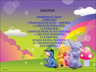 esquema
       “parroquia el bajo”
             ETIMOLOGIA
1-Plaza bolívar de san francisco.
    1.1-ubicación geográfica.
          1.2-Etimologia.
2-basilica menor de san francisco.
    2.1-ubicación geográfica.
          2.2-etimologia.
    3.Plaza Rafael Urdaneta.
    3.1-ubicación geográfica.
          3.2-etimologia.
 