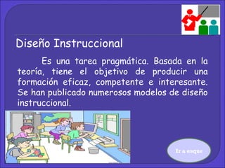 Diseño Instruccional Es una tarea pragmática. Basada en la teoría, tiene el objetivo de producir una formación eficaz, competente e interesante. Se han publicado numerosos modelos de diseño instruccional. Ir a esquema 