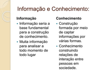 Informação e Conhecimento:
Informação
 Informação seria a
base fundamental
para a construção
de conhecimento.
 Muita informação
para analisar a
todo momento de
todo lugar
Conhecimento
 Construção
formada por meio
de captar
informações por
várias formas.
 Conhecimento
construindo
relações de
interação entre
pessoas em
sociedade.
 