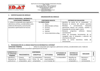 INSTITUTO DE EDUCACIÓN SUPERIOR TECNOLÓGICO PRIVADO
“IDAT - PIURA”
R.M. Nº 0105-94-ED / R.D. N° 404-96-ED
REVALIDADO CON R.D. Nº 569-2006-ED
JR. CALLAO Nº 649 - PIURA
www.idatpiura.com
Email: informespiura@idat.com.pe
Teléfono 073-313955
2. CONTEXTUALIDAD DEL MODULO
ORGANIZACIÓN DEL MODULO
MODULO TRANSVERSAL: INFORMATICA
CAPACIDADES TERMINALES CONTENIDOS BASICOS CRITERIOS DE EVALUACION.
1. Utilizar el computador para organizar y
administrar archivos, considerándolo como
medio de información y comunicación,
buscando la optimización de recursos.
- EL COMPUTADOR
 Partes.
 Administrador archivos.
 Archivos.
 Carpeta
 Internet.
 Correo electrónico y blog
- Identifica las partes de un computador y
Manipula el entorno del sistema operativo
Windows 7 correctamente, realizando
operaciones básicas con archivos, carpetas y
búsquedas de archivos según criterio.
- Manipula programas utilitarios básicos
correctamente
- Utiliza las principales herramientas de un
navegador para la búsqueda y selección de
información adecuada
- Utiliza el correo electrónico medio de
comunicación
3. PROGRAMACIÓN DE LA UNIDAD DIDACTICA DE INFORMATICA E INTERNET
CAPACIDAD TERMINAL : Utilizar el computador para organizar y administrar archivos, considerándolo como medio de
información y comunicación, buscando la optimización de recursos.
ELEMENTOS DE
LA CAPACIDAD
TERMINAL
CONTENIDOS
ACTIVIDADES DE
APRENDIZAJE
CRITERIOS DE
EVALUACION
INDICADOR
HORAS
PROCEDIMENTAL CONCEPTUAL ACTITUDINAL
- Identificar y
Manipular las
partes de un
- Conecta los
dispositivos a una
computadora para
- La computadora
- Partes de una
computadora
- Demuestra
responsabilidad
en el manejo de
- La computadora - Identifica las
partes de un
computador y
- Reconoce y
manipula
correctamente
2
 