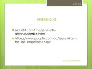 REFERENCIAS
 es.123rf.com/imagenes-de-
archivo/familia.html
 https://www.google.com.co/search?q=fo
tos+de+empresas&espv
09/07/2015
María Eugenia Olarte G.
10
 
