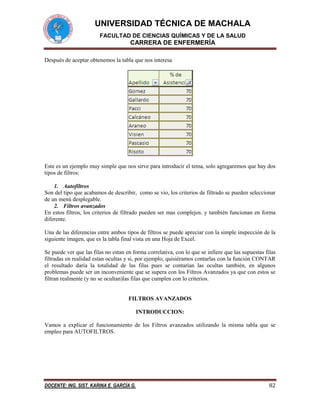 UNIVERSIDAD TÉCNICA DE MACHALA
FACULTAD DE CIENCIAS QUÍMICAS Y DE LA SALUD

CARRERA DE ENFERMERÍA
Después de aceptar obtenemos la tabla que nos interesa

Este es un ejemplo muy simple que nos sirve para introducir el tema, solo agregaremos que hay dos
tipos de filtros:
1. Autofiltros
Son del tipo que acabamos de describir, como se vio, los criterios de filtrado se pueden seleccionar
de un menú desplegable.
2. Filtros avanzados
En estos filtros, los criterios de filtrado pueden ser mas complejos. y también funcionan en forma
diferente.
Una de las diferencias entre ambos tipos de filtros se puede apreciar con la simple inspección de la
siguiente imagen, que es la tabla final vista en una Hoja de Excel.
Se puede ver que las filas no estan en forma correlativa, con lo que se infiere que las supuestas filas
filtradas en realidad estan ocultas y si, por ejemplo, quisiéramos contarlas con la función CONTAR
el resultado daría la totalidad de las filas pues se contarían las ocultas también, en algunos
problemas puede ser un inconveniente que se supera con los Filtros Avanzados ya que con estos se
filtran realmente (y no se ocultan)las filas que cumplen con lo criterios.

FILTROS AVANZADOS
INTRODUCCION:
Vamos a explicar el funcionamiento de los Filtros avanzados utilizando la misma tabla que se
empleo para AUTOFILTROS.

DOCENTE: ING. SIST. KARINA E. GARCÍA G.

82

 