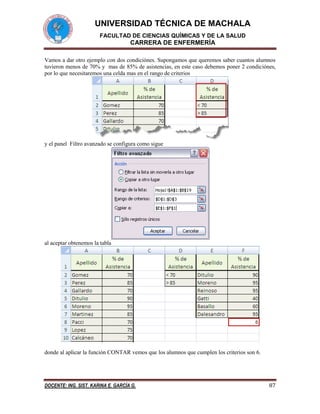 UNIVERSIDAD TÉCNICA DE MACHALA
FACULTAD DE CIENCIAS QUÍMICAS Y DE LA SALUD

CARRERA DE ENFERMERÍA
Vamos a dar otro ejemplo con dos condiciónes. Supongamos que queremos saber cuantos alumnos
tuvieron menos de 70% y mas de 85% de asistencias, en este caso debemos poner 2 condiciónes,
por lo que necesitaremos una celda mas en el rango de criterios

y el panel Filtro avanzado se configura como sigue

al aceptar obtenemos la tabla

donde al aplicar la función CONTAR vemos que los alumnos que cumplen los criterios son 6.

DOCENTE: ING. SIST. KARINA E. GARCÍA G.

87

 