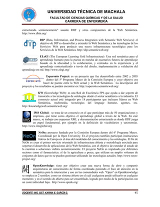 UNIVERSIDAD TÉCNICA DE MACHALA
FACULTAD DE CIENCIAS QUÍMICAS Y DE LA SALUD

CARRERA DE ENFERMERÍA
estructurada semánticamente" usando RDF y otros componentes de la Web Semántica.
http://www.dbin.org/
DIP (Data, Information, and Process Integration with Semantic Web Services): el
objetivo de DIP es desarrollar y extender la Web Semántica y las tecnologías de los
Servicios Web para producir una nueva infraestructura tecnológica para los
Servicios de la Web Semántica. http://dip.semanticweb.org/
ELeGI (The European Learning Grid Infraestructure): Una red semántica para el
aprendizaje humano para la puesta en marcha de escenarios futuros de aprendizaje
basado en la ubicuidad y la colaboración, y centrados en la experiencia y el
aprendizaje contextualizado a través del diseño, implementación y validación del
aprendizaje en red. http://www.elegi.org/
Esperonto Project: es un proyecto que fue desarrollado entre 2002 y 2005
dentro del 5º Programa Marco de la Comisión Europea y cuyo objetivo era
hacer de puente entre la Web actual y la Web Semántica. La descripción del
proyecto y los resultados se pueden encontrar en: http://esperonto.semanticweb.org/
KW (Knowledge Web): es una Red de Excelencia FP6 que ayuda a dar soporte de
transición a las tecnologías de ontologías desde el sector académico a la industria. El
consorcio actual está integrado por 18 participantes que incluyen líderes en Web
Semántica, multimedia, tecnologías del lenguaje humano, agentes, etc.
http://knowledgeweb.semanticweb.org/
IMS Global: se trata de un consorcio en el que participan más de 50 organizaciones y
empresas, que tiene como objetivo el aprendizaje global a través de la Web. En este
marco, se trabaja con esquemas XML y documentación estructurada en donde RDF juega
un papel fundamental, por ejemplo en la definición de vocabularios y taxonomías.
http://www.imsglobal.org
NeOn: proyecto fundado por la Comisión Europea dentro del 6º Programa Marco.
Coordinado por la Open University. En el proyecto también participan instituciones
líderes de Europa en el área del modelado del conocimiento y las ontologías. El fin de
NeOn es crear el primer servicio orientado de infraestructura abierta y metodología asociada para
soportar el desarrollo de aplicaciones de la Web Semántica, con el objetivo de extender el estado de
la cuestión a soluciones viables económicamente. El proyecto NeOn es impulsado por diferentes
sectores como el farmacéutico, el de la agricultura y pesca, que utilizan un amplio volumen de
conjuntos de datos que no se pueden gestionar utilizando las tecnologías actuales. http://www.neonproject.org/
OpenKnowledge: tiene por objetivo crear una nueva forma de abrir y compartir
arquitecturas de conocimiento de forma coordinada poniendo el foco de atención en la
semántica para la interacción y uso en las comunidades web. "Open" en OpenKnowledge
se emplea en 2 sentidos: como un sistema abierto en el cuál cualquiera puede utilizarlo en cualquier
momento; y en el sentido de abierto para ser ensamblado, logrado por medio de la participación con
un coste individual bajo. http://www.openk.org/

DOCENTE: ING. SIST. KARINA E. GARCÍA G.

45

 