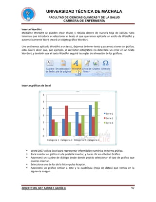 UNIVERSIDAD TÉCNICA DE MACHALA
FACULTAD DE CIENCIAS QUÍMICAS Y DE LA SALUD

CARRERA DE ENFERMERÍA
Insertar WordArt
Mediante WordArt se pueden crear títulos y rótulos dentro de nuestra hoja de cálculo. Sólo
tenemos que introducir o seleccionar el texto al que queremos aplicarle un estilo de WordArt y
automáticamente Word creará un objeto gráfico WordArt.
Una vez hemos aplicado WordArt a un texto, dejamos de tener texto y pasamos a tener un gráfico,
esto quiere decir que, por ejemplo, el corrector ortográfico no detectará un error en un texto
WordArt, y también que el texto WordArt seguirá las reglas de alineación de los gráficos.

Insertar gráficos de Excel







Word 2007 utiliza Excel para representar información numérica en forma gráfica.
Para insertar un gráfico ir a la pestaña Insertar, y hacer clic en el botón Gráfico.
Aparecerá un cuadro de diálogo desde donde podrás seleccionar el tipo de gráfico que
quieres insertar.
Selecciona uno de los de la lista y pulsa Aceptar.
Aparecerá un gráfico similar a este y la cuadrícula (Hoja de datos) que vemos en la
siguiente imagen.

DOCENTE: ING. SIST. KARINA E. GARCÍA G.

92

 