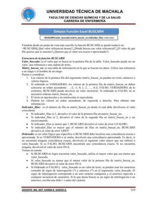 UNIVERSIDAD TÉCNICA DE MACHALA
FACULTAD DE CIENCIAS QUÍMICAS Y DE LA SALUD

CARRERA DE ENFERMERÍA

Viéndola desde un punto de vista más sencillo la función BUSCARH se puede traducir en:
=BUSCARH(¿Qué valor referencial deseas?;¿Dónde buscas ese valor referencial?;¿El valor de qué
fila quieres que te muestre?;¿Quieres que el valor sea exacto o aproximado?)
Estructura de la función BUSCARH
Valor_buscado: es el valor que se busca en la primera fila de la tabla. Valor_buscado puede ser un
valor, una referencia o una cadena de texto.
Matriz_buscar_en: es una tabla de información en la que se buscan los datos. Utilice una referencia
a un rango o el nombre de un rango.
Puntos a considerar:
1. Los valores de la primera fila del argumento matriz_buscar_en pueden ser texto, números o
valores lógicos.
2. Si ordenado es VERDADERO, los valores de la primera fila de matriz_buscar_en deben
colocarse en orden ascendente: …-2, -1, 0, 1, 2, …, A-Z, FALSO, VERDADERO; de lo
contrario, BUSCARH puede devolver un valor incorrecto. Si ordenado es FALSO, no es
necesario ordenar matriz_buscar_en.
3. El texto en mayúsculas y en minúsculas es equivalente.
4. Ordena los valores en orden ascendente, de izquierda a derecha. Para obtener más
información
Indicador_filas: es el número de fila en matriz_buscar_en desde el cual debe devolverse el valor
coincidente.
Si indicador_filas es 1, devuelve el valor de la primera fila en matriz_buscar_en;
Si indicador_filas es 2, devuelve el valor de la segunda fila en matriz_buscar_en y así
sucesivamente.
Si indicador_filas es menor que 1, BUSCARH devuelve el valor de error #¡VALOR!;
Si indicador_filas es mayor que el número de filas en matriz_buscar_en, BUSCARH
devuelve el valor de error #¡REF!
Ordenado: es un valor lógico que especifica si BUSCARH debe localizar una coincidencia exacta o
aproximada. Si es VERDADERO o se omite, devolverá una coincidencia aproximada. Es decir, si
no encuentra ninguna coincidencia exacta, devolverá el siguiente valor mayor que sea inferior a
valor_buscado. Si es FALSO, BUSCARH encontrará una coincidencia exacta. Si no encuentra
ninguna, devolverá el valor de error #N/A.
Tomen en cuenta:
Si BUSCARH no logra encontrar valor_buscado, utiliza el mayor valor que sea menor que
valor_buscado.
Si valor_buscado es menor que el menor valor de la primera fila de matriz_buscar_en,
BUSCARH devuelve el valor de error #N/A.
Si Ordenado es FALSO y valor_buscado es un valor de texto, se pueden usar los caracteres
comodín de signo de interrogación (?) y asterisco (*) en el argumento valor_buscado. El
signo de interrogación corresponde a un solo carácter cualquiera y el asterisco equivale a
cualquier secuencia de caracteres. Si lo que desea buscar es un signo de interrogación o un
asterisco, escriba una tilde (~) antes del carácter.
DOCENTE: ING. SIST. KARINA E. GARCÍA G.

119

 