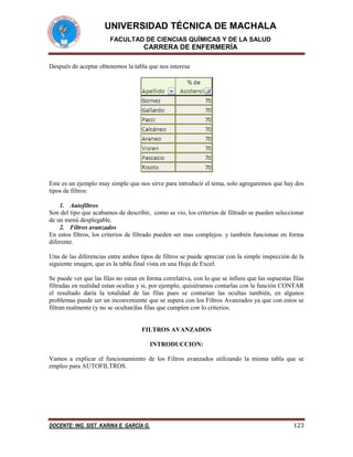 UNIVERSIDAD TÉCNICA DE MACHALA
FACULTAD DE CIENCIAS QUÍMICAS Y DE LA SALUD

CARRERA DE ENFERMERÍA
Después de aceptar obtenemos la tabla que nos interesa

Este es un ejemplo muy simple que nos sirve para introducir el tema, solo agregaremos que hay dos
tipos de filtros:
1. Autofiltros
Son del tipo que acabamos de describir, como se vio, los criterios de filtrado se pueden seleccionar
de un menú desplegable.
2. Filtros avanzados
En estos filtros, los criterios de filtrado pueden ser mas complejos. y también funcionan en forma
diferente.
Una de las diferencias entre ambos tipos de filtros se puede apreciar con la simple inspección de la
siguiente imagen, que es la tabla final vista en una Hoja de Excel.
Se puede ver que las filas no estan en forma correlativa, con lo que se infiere que las supuestas filas
filtradas en realidad estan ocultas y si, por ejemplo, quisiéramos contarlas con la función CONTAR
el resultado daría la totalidad de las filas pues se contarían las ocultas también, en algunos
problemas puede ser un inconveniente que se supera con los Filtros Avanzados ya que con estos se
filtran realmente (y no se ocultan)las filas que cumplen con lo criterios.

FILTROS AVANZADOS
INTRODUCCION:
Vamos a explicar el funcionamiento de los Filtros avanzados utilizando la misma tabla que se
empleo para AUTOFILTROS.

DOCENTE: ING. SIST. KARINA E. GARCÍA G.

123

 