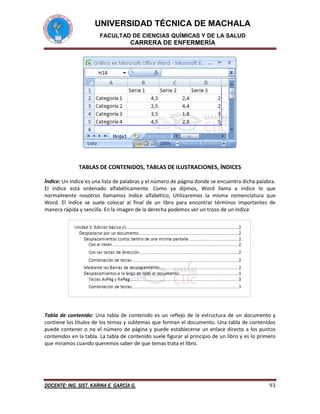 UNIVERSIDAD TÉCNICA DE MACHALA
FACULTAD DE CIENCIAS QUÍMICAS Y DE LA SALUD

CARRERA DE ENFERMERÍA

TABLAS DE CONTENIDOS, TABLAS DE ILUSTRACIONES, ÍNDICES
Índice: Un índice es una lista de palabras y el número de página donde se encuentra dicha palabra.
El índice está ordenado alfabéticamente. Como ya dijimos, Word llama a índice lo que
normalmente nosotros llamamos índice alfabético, Utilizaremos la misma nomenclatura que
Word. El índice se suele colocar al final de un libro para encontrar términos importantes de
manera rápida y sencilla. En la imagen de la derecha podemos ver un trozo de un índice.

Tabla de contenido: Una tabla de contenido es un reflejo de la estructura de un documento y
contiene los títulos de los temas y subtemas que forman el documento. Una tabla de contenidos
puede contener o no el número de página y puede establecerse un enlace directo a los puntos
contenidos en la tabla. La tabla de contenido suele figurar al principio de un libro y es lo primero
que miramos cuando queremos saber de que temas trata el libro.

DOCENTE: ING. SIST. KARINA E. GARCÍA G.

93

 