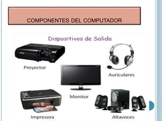COMPONENTES DEL COMPUTADOR
Los dispositivos de salida sirven para
obtener la información que ha sido
procesada por la computadora. Los más
utilizados son el monitor, las impresoras
y el plotter.
 