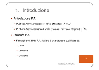 1.  Introduzione
  Articolazione P.A.

    Pubblica Amministrazione centrale (Ministeri)  PAC

    Pubblica Amministrazione Locale (Comuni, Province, Regioni) PAL


  Struttura P.A.

    Fino agli anni ‘80 la P.A. italiana è una struttura qualificata da:

       Unità,

       Centralità

       Gerarchia
                                                                           3

                                                 Elaboraz. G. BRUNA
 