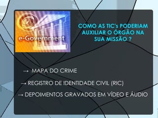COMO AS TIC's PODERIAM AUXILIAR O ÓRGÃO NA SUA MISSÃO ? ->  MAPA DO CRIME ->  REGISTRO DE IDENTIDADE CIVIL (RIC) ->  DEPOIMENTOS GRAVADOS EM VÍDEO E ÁUDIO 