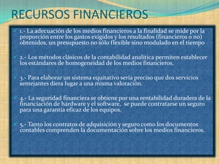 RECURSOS FINANCIEROS1.- La adecuación de los medios financieros a la finalidad se mide por la proporción entre los gastos exigidos y los resultados (financieros o no) obtenidos, un presupuesto no sólo flexible sino modulado en el tiempo