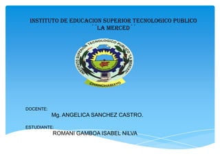 INSTITUTO DE EDUCACION SUPERIOR TECNOLOGICO PUBLICO
                    ´´LA MERCED´´




DOCENTE:
           Mg. ANGELICA SANCHEZ CASTRO.

ESTUDIANTE:
           ROMANI GAMBOA ISABEL NILVA
 