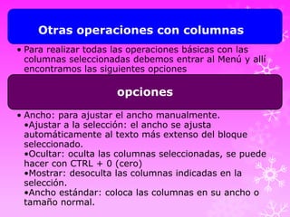 Otras operaciones con columnas
• Para realizar todas las operaciones básicas con las
columnas seleccionadas debemos entrar al Menú y allí
encontramos las siguientes opciones

opciones
• Ancho: para ajustar el ancho manualmente.
•Ajustar a la selección: el ancho se ajusta
automáticamente al texto más extenso del bloque
seleccionado.
•Ocultar: oculta las columnas seleccionadas, se puede
hacer con CTRL + 0 (cero)
•Mostrar: desoculta las columnas indicadas en la
selección.
•Ancho estándar: coloca las columnas en su ancho o
tamaño normal.

 