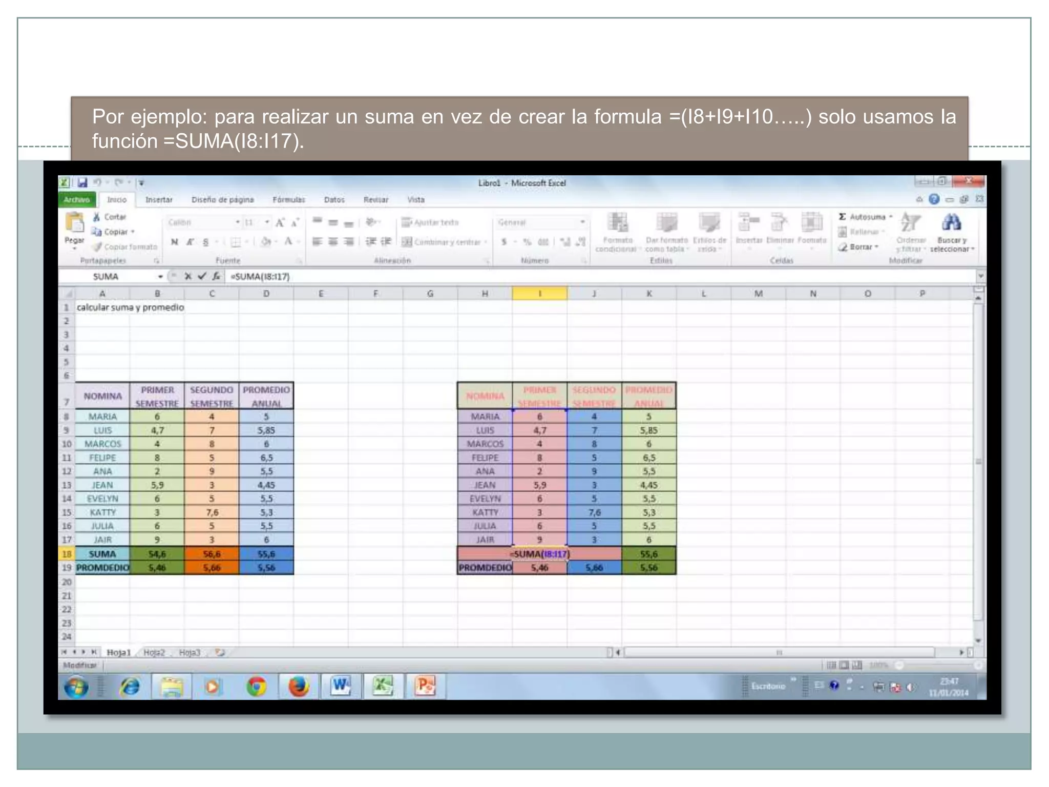 Por ejemplo: para realizar un suma en vez de crear la formula =(I8+I9+I10…..) solo usamos la
función =SUMA(I8:I17).

 