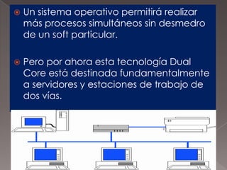 

Un sistema operativo permitirá realizar
más procesos simultáneos sin desmedro
de un soft particular.



Pero por ahora esta tecnología Dual
Core está destinada fundamentalmente
a servidores y estaciones de trabajo de
dos vías.

 