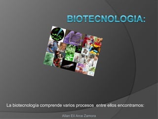 La biotecnología comprende varios procesos entre ellos encontramos:

                           Allan Elí Arce Zamora
 