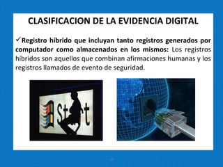 CLASIFICACION DE LA EVIDENCIA DIGITAL
Registro híbrido que incluyan tanto registros generados por
computador como almacenados en los mismos: Los registros
híbridos son aquellos que combinan afirmaciones humanas y los
registros llamados de evento de seguridad.
10
 