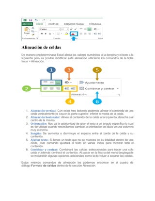 Alineación de celdas
De manera predeterminada Excel alinea los valores numéricos a la derecha y el texto a la
izquierda pero es posible modificar esta alineación utilizando los comandos de la ficha
Inicio > Alineación.

1. Alineación vertical: Con estos tres botones podemos alinear el contenido de una
celda verticalmente ya sea en la parte superior, inferior o media de la celda.
2. Alineación horizontal: Alinea el contenido de la celda a la izquierda, derecha o al
centro de la misma.
3. Orientación: Nos da la oportunidad de girar el texto a un ángulo específico lo cual
es de utilidad cuando necesitamos cambiar la orientación del título de una columna
muy estrecha.
4. Sangría: Se aumenta o disminuye el espacio entre el borde de la celda y su
contenido.
5. Ajustar texto: Si tienes un texto que no se muestra en su totalidad dentro de una
celda, este comando ajustará el texto en varias líneas para mostrar todo el
contenido.
6. Combinar y centrar: Combinará las celdas seleccionadas para hacer una sola
celda y además centrará el contenido. Al pulsar en la flecha del menú desplegable
se mostrarán algunas opciones adicionales como la de volver a separar las celdas.
Estos mismos comandos de alineación los podemos encontrar en el cuadro de
diálogo Formato de celdas dentro de la sección Alineación.

 