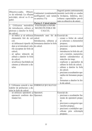 Sugestii pentru antrenamente
Obiective-cadru. Obiecti-
                                Conţinuturi (conţinuturile mentale (activităţi ce conduc
ve de referinţă. La sfîrşitul
                                neobligatorii sunt notate la învăţarea, întărirea, dez-
activităţii, elevul va ﬁ ca-
                                cu asterisc (*))           voltarea capacităţilor prevă-
pabil:
                                                           zute ca obiective de atins)
                                 Partea I. Calcul tabelar
1. Utilizarea metodelor PĂSTRAREA INFOR-
de introducere, editare şi MAŢIEI ÎN FOILE DE
păstrare a datelor în foile             CALCUL
de calcul:
 – să indice şi să utilizeze Elementele unei foi de Exerciţii de:
   elementele foii de cal- calcul.                         – creare a foilor de calcul
   cul;                         Introducerea, editarea şi şi selectare a elementelor
 – să deﬁnească tipurile de formatarea datelor în foile propuse;
   date şi să introducă valo- de calcul.                   – precizare a tipului datelor
   rile acceptate de foile de                                 propuse;
   calcul;                                                 – introducere în foile de cal-
 – să aplice tehnicile de                                     cul a textelor, numerelor,
   editare a datelor în foile                                 datelor calendaristice şi
   de calcul;                                                 mărcilor de timp;
 – să utilizeze facilităţile de                            – explicare a operaţiilor de
   căutare şi înlocuire a da-                                 editare în foile de calcul;
   telor.                                                  – editare a datelor în foile
                                                              de calcul;
                                                           – precizare a rezultatelor ope-
                                                              raţiilor de formatare propu-
                                                              se;
                                                           – formatare a datelor în foi-
                                                              le de calcul.
2. Utilizarea corectă a me- FORMULE ŞI CALCULE
todelor de prelucrare a da-
telor în foile de calcul:
 – să utilizeze operatorii şi Operatori.                   Exerciţii de:
   operanzii conform des- Operanzi.                        – precizare a rezultatelor fur-
   tinaţiei lor;                                              nizate de operatorii propu-
                                                              şi;
                                                           – precizare a categoriei ope-
                                                              ranzilor propuşi;
                                                           – precizare a entităţilor spe-
                                                              ciﬁcate prin referinţele
                                                              propuse;



                                            12
 