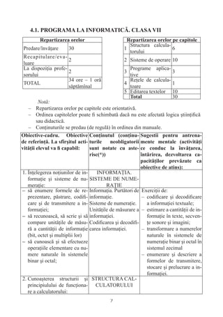 4.1. PROGRAMA LA INFORMATICĂ. CLASA VII
        Repartizarea orelor                       Repartizarea orelor pe capitole
                                                   Structura calcula-
 Predare/învăţare     30                         1                    6
                                                   torului
 Recapitulare/eva-
                      2                          2 Sisteme de operare 10
 luare
 La dispoziţia profe-                              Programe aplica-
                      2                          3                    3
 sorului                                           tive
                      34 ore – 1 oră               Reţele de calcula-
 TOTAL                                           4                    1
                      săptămînal                   toare
                                                 5 Editarea textelor 10
                                                   Total              30
         Notă:
   – Repartizarea orelor pe capitole este orientativă.
   – Ordinea capitolelor poate ﬁ schimbată dacă nu este afectată logica ştiinţiﬁcă
        sau didactică.
   – Conţinuturile se predau (de regulă) în ordinea din manuale.
Obiective-cadru. Obiective Conţinutul (conţinu- Sugestii pentru antrena-
de referinţă. La sfîrşitul acti- turile    neobligatorii mente mentale (activităţi
vităţii elevul va ﬁ capabil:     sunt notate cu aste- ce conduc la învăţarea,
                                 risc(*))                întărirea, dezvoltarea ca-
                                                         pacităţilor prevăzute ca
                                                         obiective de atins):
1. Înţelegerea noţiunilor de in-     INFORMAŢIA.
   formaţie şi sisteme de nu- SISTEME DE NUME-
   meraţie:                               RAŢIE
– să enumere formele de re- Informaţia. Purtători de Exerciţii de:
   prezentare, păstrare, codiﬁ- informaţie.               – codiﬁcare şi decodiﬁcare
   care şi de transmitere a in- Sisteme de numeraţie.       a informaţiei textuale;
   formaţiei;                    Unităţile de măsurare a – estimare a cantităţii de in-
– să recunoască, să scrie şi să informaţiei.                formaţie în texte, secven-
   compare unităţile de măsu- Codiﬁcarea şi decodiﬁ- ţe sonore şi imagini;
   ră a cantităţii de informaţie carea informaţiei.       – transformare a numerelor
   (bit, octet şi multiplii lor)                            naturale în sistemele de
– să cunoască şi să efectueze                               numeraţie binar şi octal în
   operaţiile elementare cu nu-                             sistemul zecimal
   mere naturale în sistemele                             – enumerare şi descriere a
   binar şi octal;                                          formelor de transmitere,
                                                            stocare şi prelucrare a in-
                                                            formaţiei.
2. Cunoaşterea structurii şi STRUCTURA CAL-
   principiulului de funcţiona- CULATORULUI
   re a calculatorului:
                                          7
 