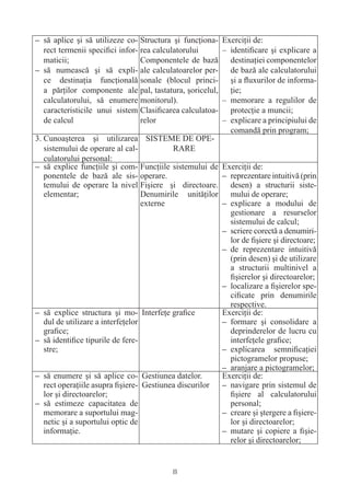 – să aplice şi să utilizeze co- Structura şi funcţiona-   Exerciţii de:
  rect termenii speciﬁci infor- rea calculatorului        – identiﬁcare şi explicare a
  maticii;                      Componentele de bază        destinaţiei componentelor
– să numească şi să expli- ale calculatoarelor per-         de bază ale calculatorului
  ce destinaţia funcţională sonale (blocul princi-          şi a ﬂuxurilor de informa-
  a părţilor componente ale pal, tastatura, şoricelul,      ţie;
  calculatorului, să enumere monitorul).                  – memorare a regulilor de
  caracteristicile unui sistem Clasiﬁcarea calculatoa-      protecţie a muncii;
  de calcul                     relor                     – explicare a principiului de
                                                            comandă prin program;
3. Cunoaşterea şi utilizarea SISTEME DE OPE-
   sistemului de operare al cal-           RARE
   culatorului personal:
– să explice funcţiile şi com- Funcţiile sistemului de Exerciţii de:
   ponentele de bază ale sis- operare.                  – reprezentare intuitivă (prin
   temului de operare la nivel Fişiere şi directoare. desen) a structurii siste-
   elementar;                      Denumirile unităţilor mului de operare;
                                   externe              – explicare a modului de
                                                          gestionare a resurselor
                                                          sistemului de calcul;
                                                        – scriere corectă a denumiri-
                                                          lor de ﬁşiere şi directoare;
                                                        – de reprezentare intuitivă
                                                          (prin desen) şi de utilizare
                                                          a structurii multinivel a
                                                          ﬁşierelor şi directoarelor;
                                                        – localizare a ﬁşierelor spe-
                                                          ciﬁcate prin denumirile
                                                          respective.
– să explice structura şi mo- Interfeţe graﬁce          Exerciţii de:
   dul de utilizare a interfeţelor                      – formare şi consolidare a
   graﬁce;                                                deprinderelor de lucru cu
– să identiﬁce tipurile de fere-                          interfeţele graﬁce;
   stre;                                                – explicarea semniﬁcaţiei
                                                          pictogramelor propuse;
                                                        – aranjare a pictogramelor;
– să enumere şi să aplice co- Gestiunea datelor.        Exerciţii de:
   rect operaţiile asupra ﬁşiere- Gestiunea discurilor  – navigare prin sistemul de
   lor şi directoarelor;                                  ﬁşiere al calculatorului
– să estimeze capacitatea de                              personal;
   memorare a suportului mag-                           – creare şi ştergere a ﬁşiere-
   netic şi a suportului optic de                         lor şi directoarelor;
   informaţie.                                          – mutare şi copiere a ﬁşie-
                                                          relor şi directoarelor;


                                          8
 