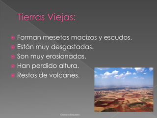  Forman mesetas macizos y escudos.
Están muy desgastadas.
Son muy erosionadas.
Han perdido altura.
Restos de volcanes.
Gloriana Sequeira