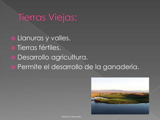  Llanuras y valles.
Tierras fértiles.
Desarrollo agricultura.
Permite el desarrollo de la ganadería.
Gloriana Sequeira