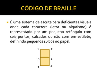  É uma sistema de escrita para deficientes visuais
onde cada caractere (letra ou algarismo) é
representado por um pequeno retângulo com
seis pontos, calcados ou não com um estilete,
definindo pequenos sulcos no papel.
1 2
43
5 6
 