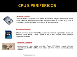 HD – Disco Rígido
Armazenamento magnético dos dados, atualmente chega a centenas de GB de
capacidade de armazenamento.Nele são guardados os nossos programas e
dados.Ele também pode ser chamado de HD ouWinchester.
Profa Esp. Kelly Bráz
Cartões de Memória
Utilizam memória Flash (FEPROM) e possuem diversas capacidades como por
exemplo: 32MB, 64MB, 128MB, 256MB e até 512MB. Existem vários formatos
diferentes de cartões.
Memórias Flash USB
Armazenamento que utiliza memória Flash (FEPROM), possui diversas
capacidades: 256MB, 512MB, 1GB, 2GB e até 8GB. Também identificado como
Pendrive.
 
