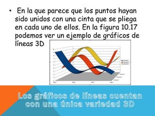 • En la que parece que los puntos hayan
sido unidos con una cinta que se pliega
en cada uno de ellos. En la figura 10.17
podemos ver un ejemplo de gráficos de
líneas 3D
 