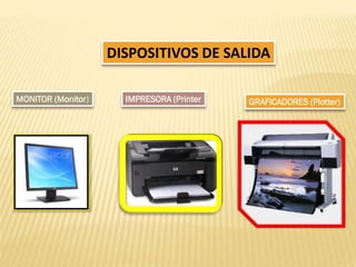 DISPOSITIVOS DE SALIDA
MONITOR (Monitor)

IMPRESORA (Printer

GRAFICADORES (Plotter)

 
