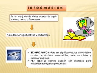 INFORMACION
Es un conjunto de datos acerca de algún
suceso, hecho o fenómeno.

" pueden ser significativos y pertinentes

 SIGNIFICATIVOS: Para ser significativos, los datos deben
constar de símbolos reconocibles, estar completos y
expresar una idea.
 PERTINENTE: cuando pueden ser utilizados para
responder a preguntas propuestas.

 
